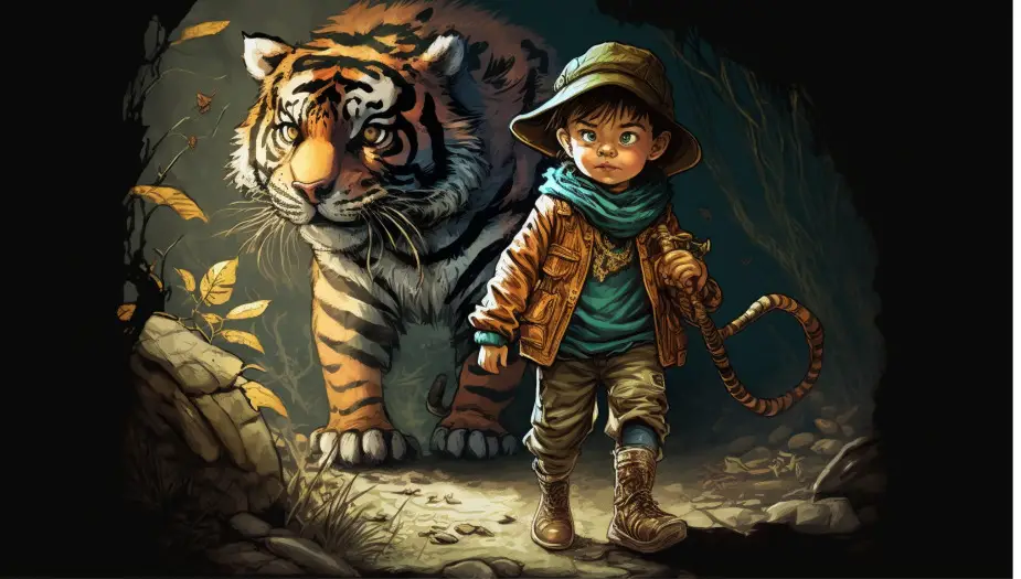Boy on an bedtime adventure with tiger