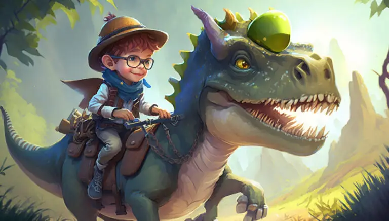 boy riding dinosaur in a bedtime story
