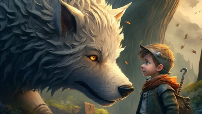 young boy and wolf in bedtime story